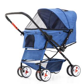 Four Wheel Folding Pet Stroller, Dog Jogger Travel Cats Carrier Adjustable Canopy Storage Brake Mesh Window - blue