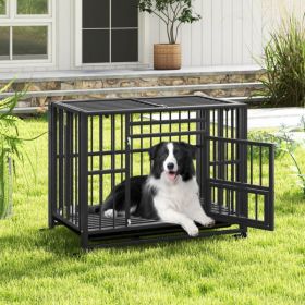 Foldable Heavy-Duty Metal Dog Cage Chew-proof Dog Crate with Lockable Universal Wheels - Black