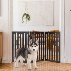 36 Inch Folding Wooden Freestanding Pet Gate Dog Gate with 360° Flexible Hinge - Dark Brown