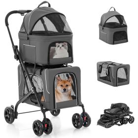 Double Pet Stroller Foldable 3-in-1 Dog Stroller with 2 Detachable Carriers - Gray