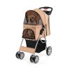 Folding Pet Stroller with Storage Basket and Adjustable Canopy - Beige