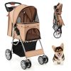 Folding Pet Stroller with Storage Basket and Adjustable Canopy - Beige