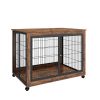 Furniture Style Dog Crate Side Table on Wheels with Double Doors and Lift Top. Rustic Brown, 43.7'' W x 30'' D x 31.1'' H. - as Pic