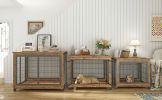 Furniture Style Dog Crate Side Table on Wheels with Double Doors and Lift Top. Rustic Brown, 43.7'' W x 30'' D x 31.1'' H. - as Pic